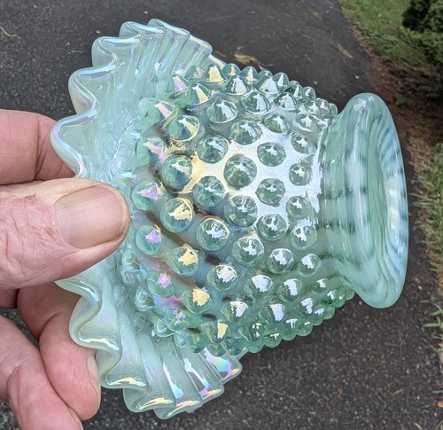 Ruffled Opalescent Iridescent Striated Swirl Hobnail Art Glass Bowl by Fenton - Picture 16 of 19