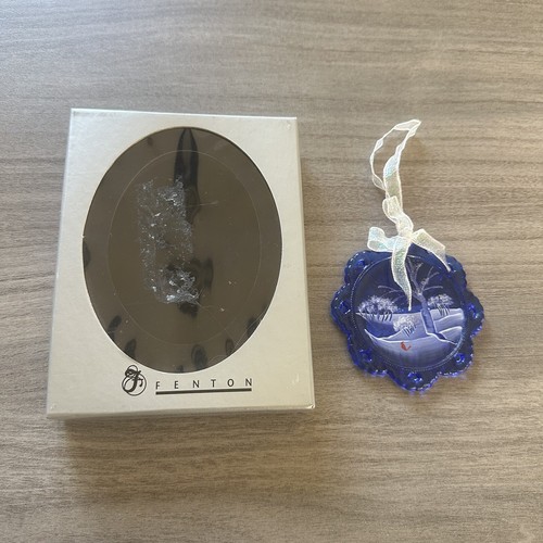 Fenton Glass Cobalt Blue Snowflake Cardinal Christmas Ornament W/box Hnd Painted