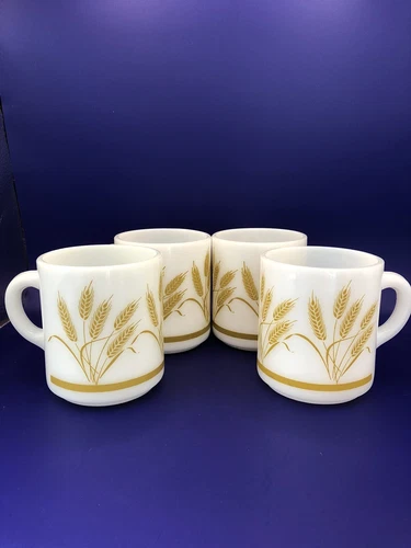 Vintage Hazel Atlas Milk Glass Gold Wheat Coffee Cup Set of 4 MCM 8oz Mug