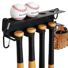 Wall Mounted Black Iron Baseball Rack with 4 Bat Holders and Ball Stands