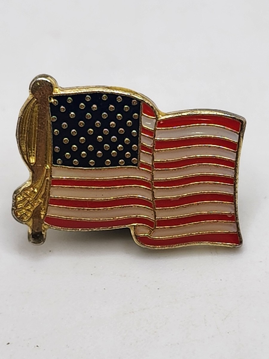 Vintage Gold Tone Metal And Enamel American Flag Lapel Hat Pin Tie