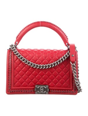 Chanel Boy Bag Medium Red Leather Crossbody Top Handle Palladium