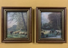 2 Vtg Artistic Chromolithograph Print on Silk Wood Frame Landscape Italy 4.5x3.5