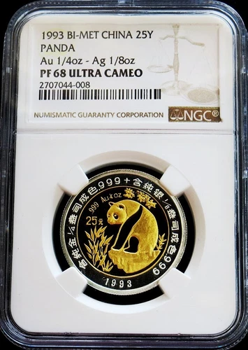 1993 BI-METALLIC GOLD & SILVER CHINA 25 YUAN PANDA NGC PROOF 68 ULTRA CAMEO
