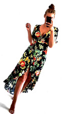 ZARA LONG DRESS FLORAL TROPICAL PRINT V NECK FLOWY WRAP MAXI DRESS Size S NEW