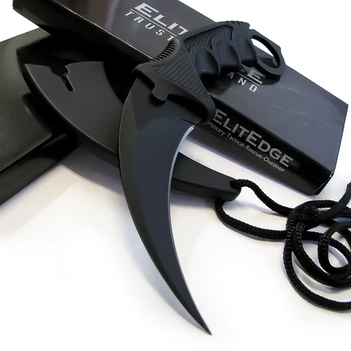 ElitEdge Tactical Combat KARAMBIT Neck Knife w/ Sheath & Cord Black Hawkbill