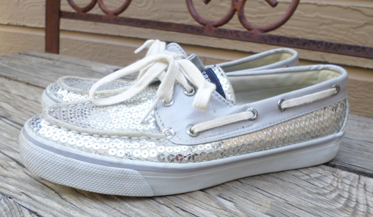Sperry Top- Sider Silver Gray Sparkle Sequin Boat Shoes Women's M