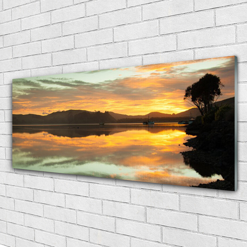 Tableau sur verre paysage de montagnes et eau 125x50 cm panoramique