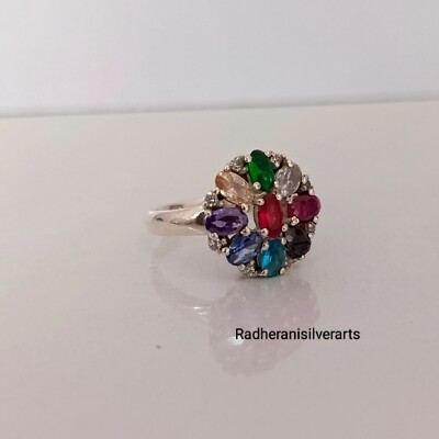 Round Shape Navratan Gemstone Ring 925 Sterling Silver Ring All Size Available