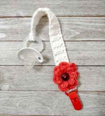 crochet handmade baby pacifier strap clip holder dummy flower pink salmon new