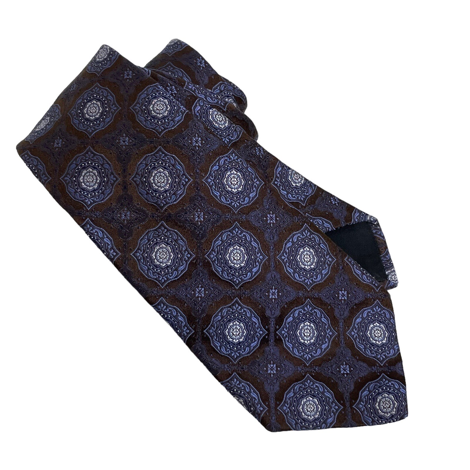 Valentino Designer Italy Silk Blue Brown Geometric Necktie