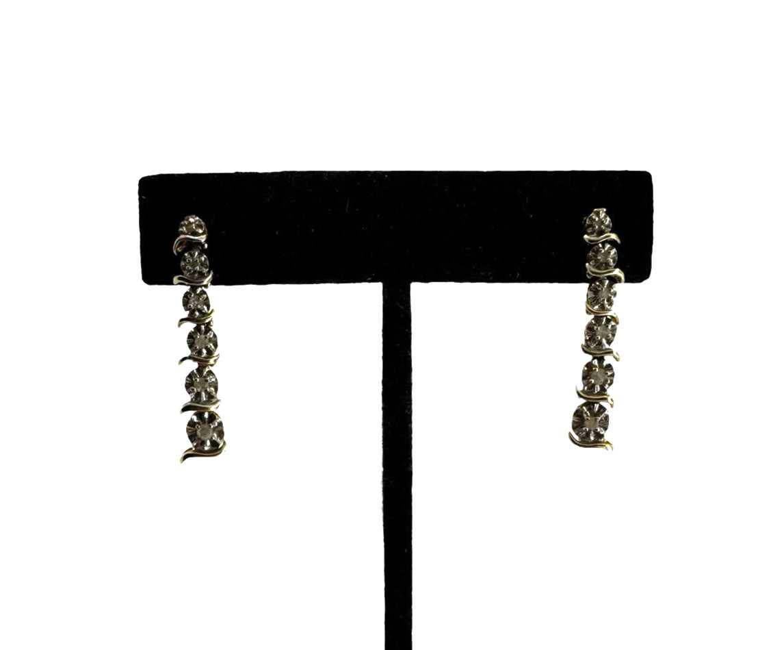 Solid 10K Yellow Gold Diamond Drop Dangle Earrings - image 1