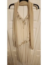 RARE VTG R&M Richards Beaded Formal Gown W/ Shawl Ecru Off White 12P CLEAN NICE!