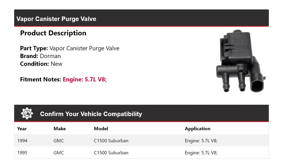 For 1994-1995 GMC C1500 Suburban 5.7L V8  Dorman Vapor Canister Purge Valve - Image 2 of 4