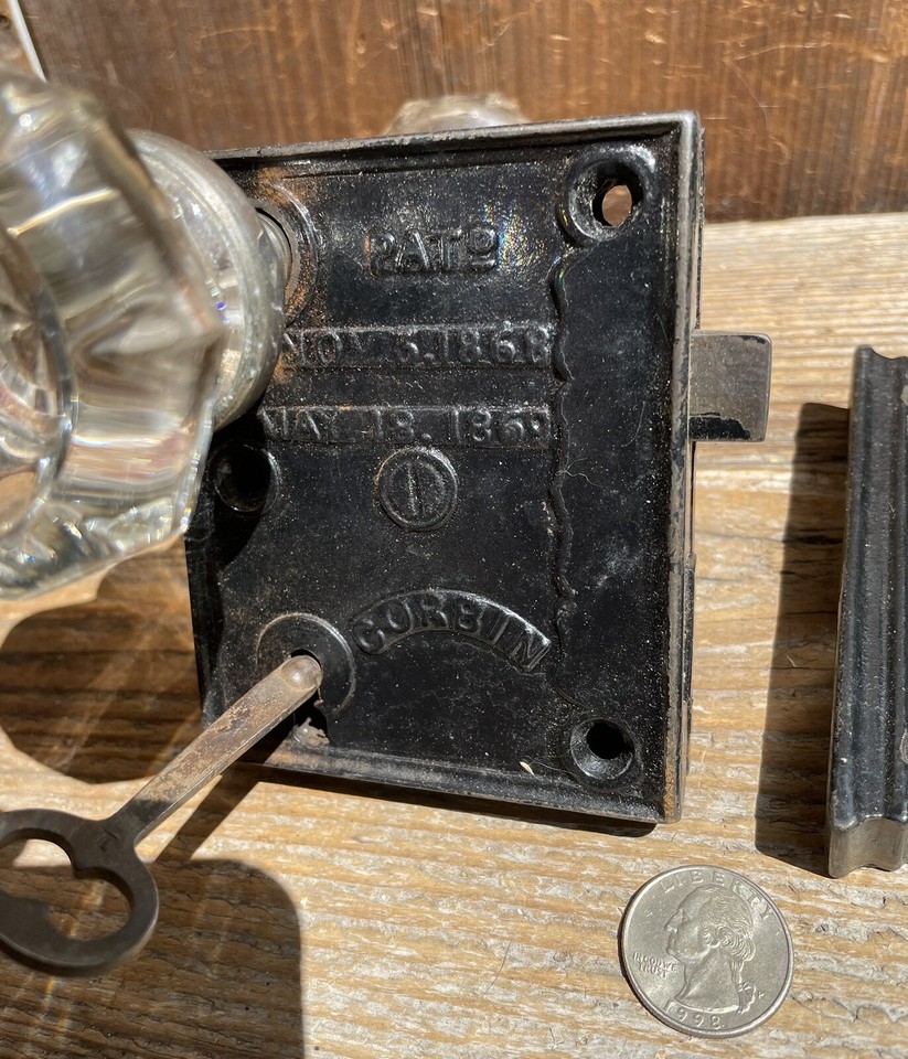 Antique Vintage Door Knob Lock Set Rim Uranium Glass Knobs Keeper