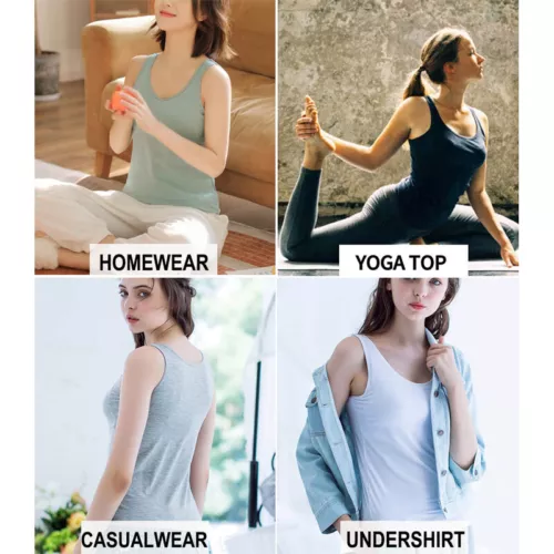 TANK TOP Womens Stretch Long Workout Fitness Sport Yoga Built in Bra Basic Top - Picture 17 of 61