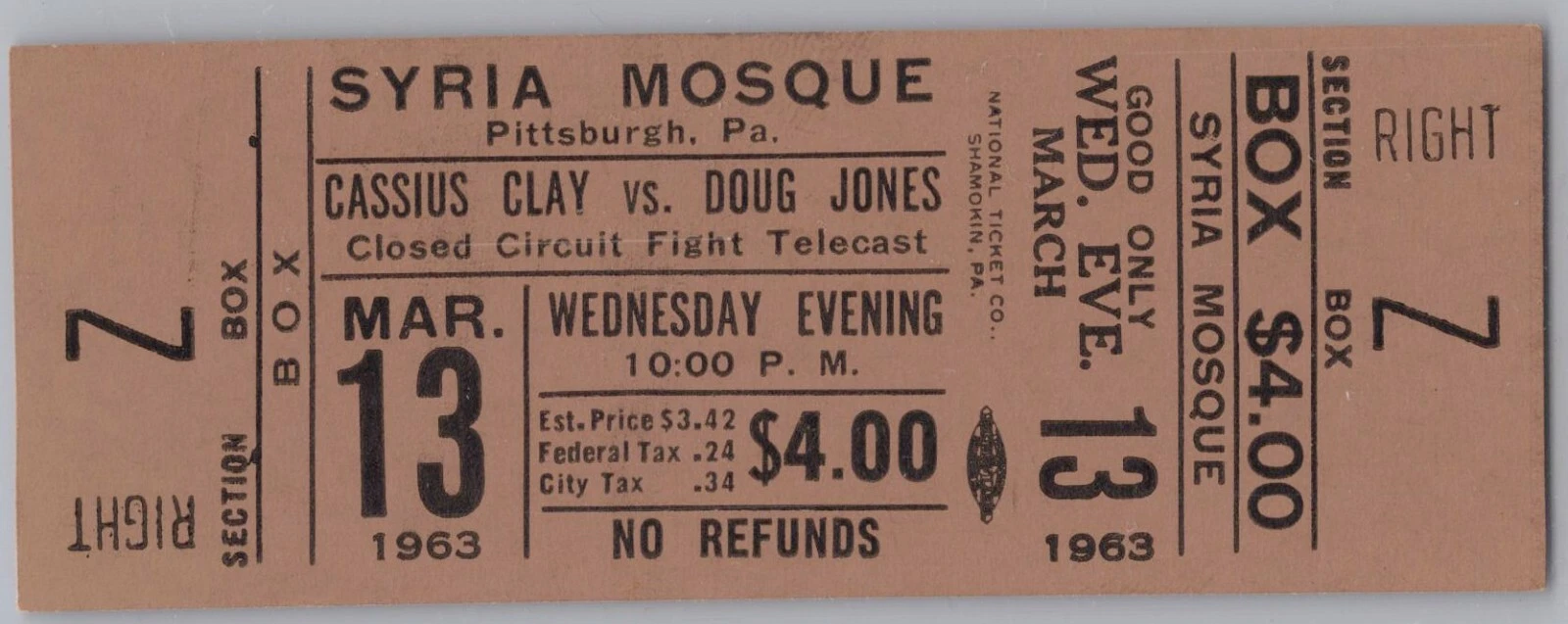 オリジナル モハメド アリ カシアス クレイ vs. ダグ ジョーンズ ボクシングチケット 3/13/1963 D3-DG2 - 画像1/2