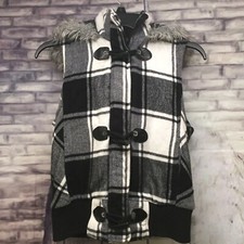 Op Womens Jrs M 7/9 Flannel Puffer Vest Zip & Button Up Black White Hooded