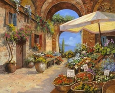 ceramic tile mural backsplash. Fruits and vegetable market in Tuscany Italy.