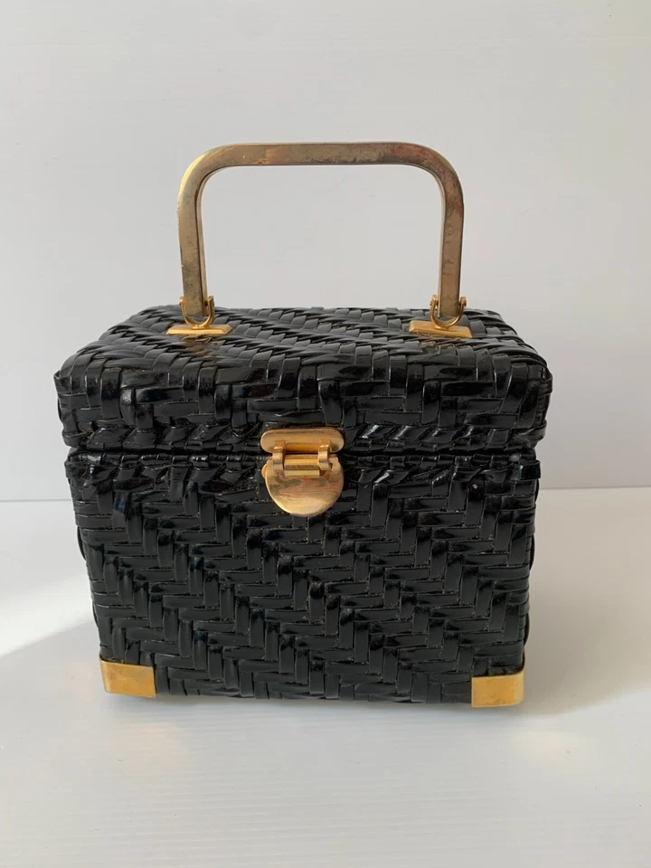 Marchioness structured woven grab clutch bag VGC box black gold rattan vintage - Image 4 of 4