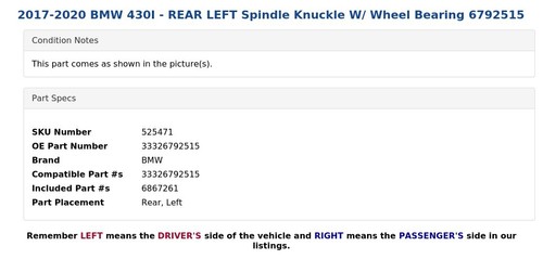 2017-2020 BMW 430I - REAR LEFT Spindle Knuckle W/ Wheel Bearing 6792515 - Picture 5 of 6