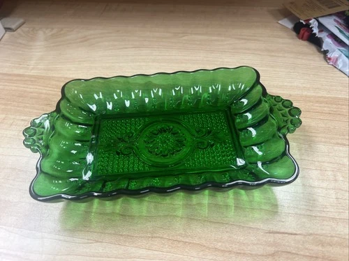 Vintage ANCHOR HOCKING Forest Green Glass Tray / Relish / Snack Dish 8.5"L