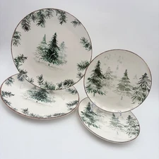 Winter Pine Tree Dinner and Salad Plates Set of 4 Rustic Holiday Christmas