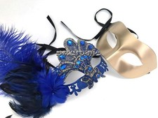 Mardi Gras Masquerade Lace Feather Mask Pair Costume Carnival Festival Party
