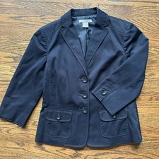 Ann Taylor Loft Navy Blue Blazer Three-Button 3/4 Sleeve Jacket 4P Petite