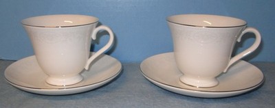 Wedgwood St Moritz Footed Cup & Saucer Bone China Floral Platinum Trim 2 Sets