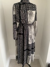 Mango Black Paisley Chiffon Midi Dress Floaty 70s Boho Long Sleeve Size M