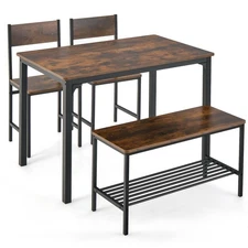 4pcs Dining Table Set Rustic Desk 2 Chairs & Bench w/ Storage Rack Brown