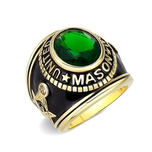 Authentic Men's Freemason Ring, Green Glass, 14K Gold Plated,, Masonic Emblem