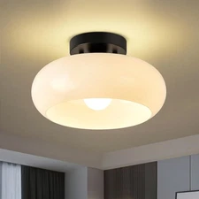 Mid-Century Modern Black Semi Flush Mount Ceiling Light,White Glass Dome Hall...