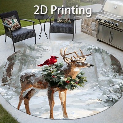 2D Flat, 2D Printed Snow Forest Deer & Bird Pattern Mat - Non-Slip Round Mat wit