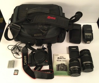 Canon EOS Rebel T1i DSLR Camera 2 Lenses Flash Battery & Charger Memory Card +++