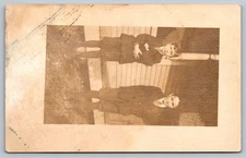 Vintage 1921 Sepia Photo Postcard of Two Boys by Porch AZO Stamp Box RPPC