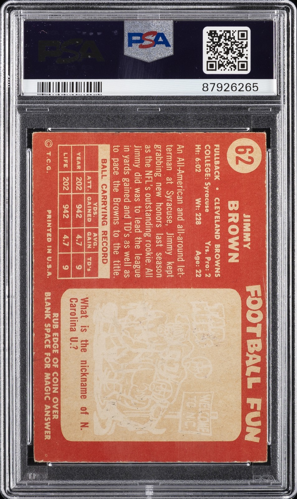 1958 TOPPS #62 JIM BROWN ROOKIE RC PSA 3 view 2