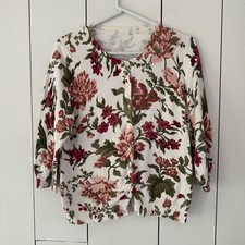 Floral Button Front Cardigan Sweater Sz S-M White Multicolor