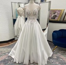 Charming Appliques Wedding Dresses for Woman Cap Sleeves Button A-Line Satin