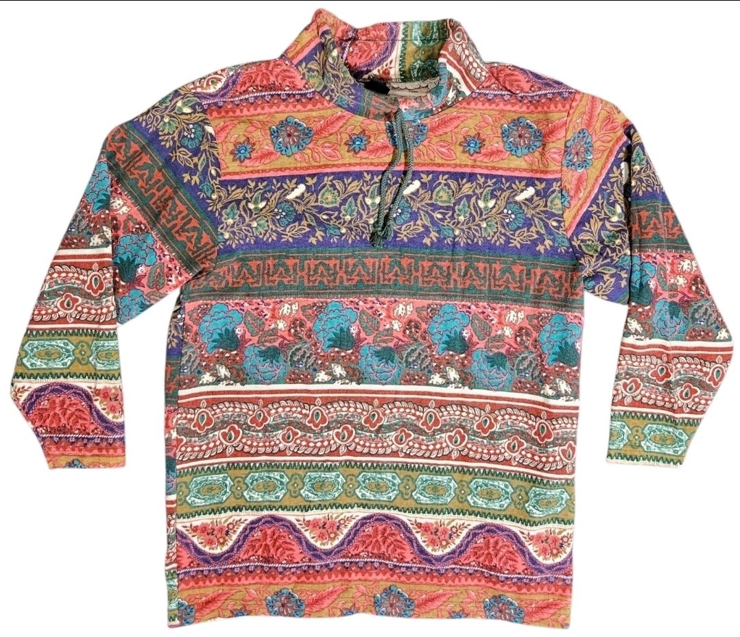 Vintage Fleece Pullover Sweater Sweatshirt USA Floral Abstract Drawstring Medium image 2