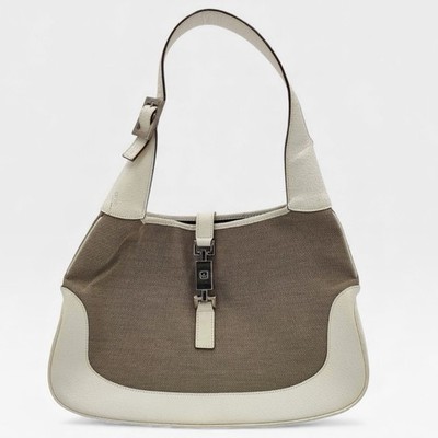 Gucci Jackie O Hobo Bag Brown Canvas Leather with Monogram Piston Lock