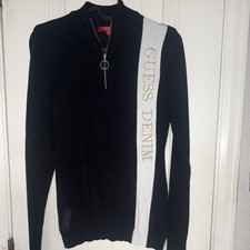 GUESS Quarter Zip Logo Mock Neck Pullover Sweater Black White Women's M