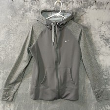 NIKE THERMA FIT HOODIE WOMENS SMALL GRAY FLEECE LINED FULL ZIP THUMB HOLES