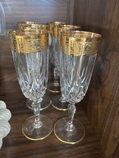 Set Of 6 Crystal Wide Gold Etched Band Leaf Pattern Faceted Champagne Flute