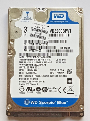 320 GB SATA Western Digital WD3200BPVT-60JJ5T0 5400rpm 8MB HDD 2.5" Festplatte