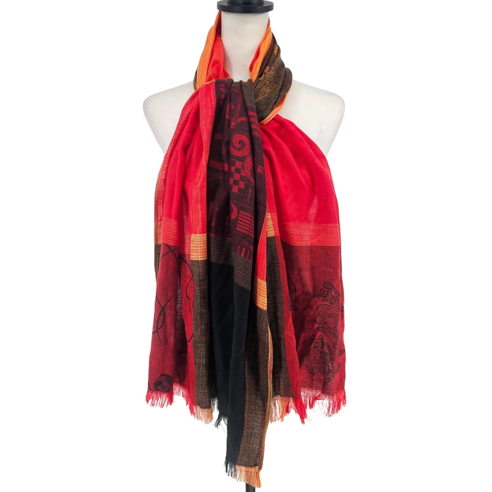 100% Cashmere Scarf Wrap Shawl Red Orange Black Fringe Boho Festival Luxury
