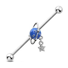 Blue Planet Star Dangle Industrial Barbell 14G 316L Surgical Steel