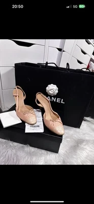 Chanel vintage Bow Logo CC Slingback Heels Baby Pink - Photo 1/4