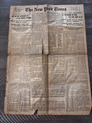 1906 San Francisco Earthquake Newspaper   New York Times April 19, 1906